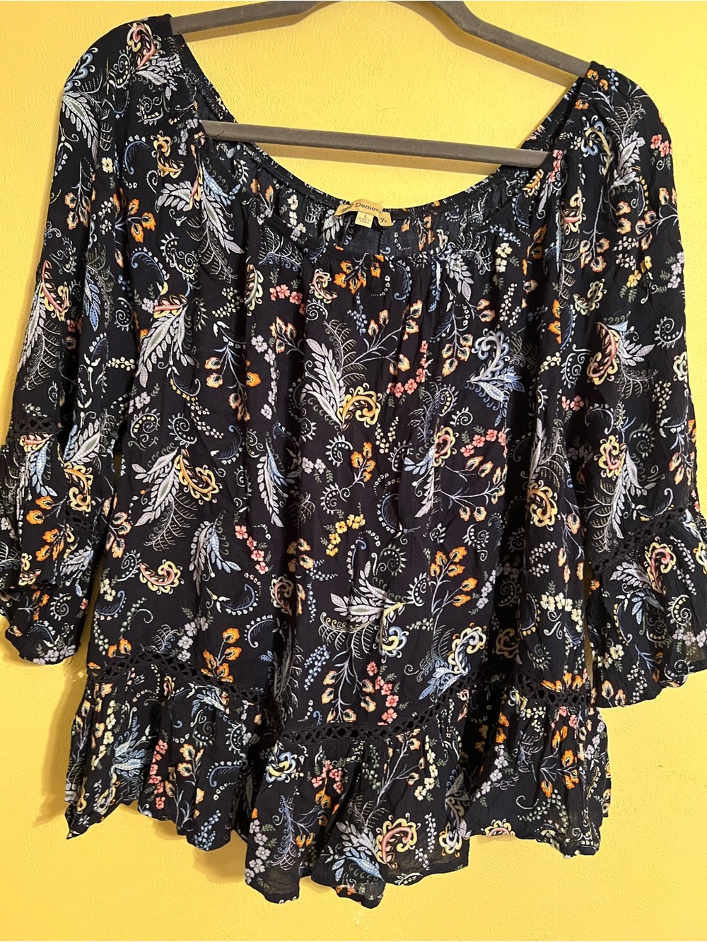 Democracy Black Floral Peasant Blouse with Ruffle Hem